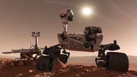 Mars-Rover: Erforschung des Roten Planeten – CGI-BILD: Zwei Rover-Generationen Seite an Seite: Mars Science Laboratory, auch Curiosity genannt, rechts, mit Mars Exploration Rover, auch Spirit und Opportunity genannt.