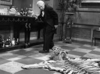 Der 90. Geburtstag oder Dinner for One – Freddie Frinton als Diener James und May Warden als alleinspeisende alte Dame. Diener James stolpert über das Tigerfell.