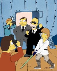 Die Simpsons – Zum Schutz von Bürgermeister Quimby (M.) hat Homer (2.v.r.) Skywalker Hamill (r.) engagiert.