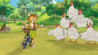Pettersson und Findus – Um zu beweisen, wie gut er Fahrrad fahren kann, muss Findus eine perfekte Bremsung vor einer Hühnerpyramide hinkriegen.