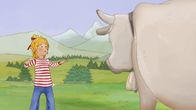 Meine Freundin Conni – Conni erschrickt vor der Kuh, die plötzlich im Weg steht.