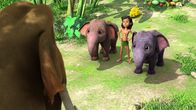 Das Dschungelbuch – Hathi (v.), der Chef der Elefanten, beauftragt Mogli (m.) und seine Elefantenkinder Appu (l.) und Hita (r.), eine schöne reife Mango im Dschungel zu suchen und mitzubringen.