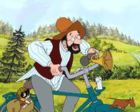 Pettersson und Findus – Endlich ist das Fahrrad repariert. Pettersson und Findus können die Zutaten für die Geburtstagstorte kaufen.