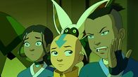 Avatar - Herr der Elemente – L-R: Katara, Aang, Momo, Sokka