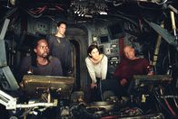 Matrix Reloaded – L-R: Link (Harold Perrineau jr.), Neo (Keanu Reeves), Trinity (Carrie-Anne Moss), Morpheus (Laurence Fishburne)