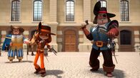 Die drei Musketiere – D'Artagnan (links) und Hauptmann Rochefort (rechts) messen sich im Äxtewerfen.
