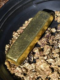 Australian Gold – Dirt Dogs: pan with gold nuggets and gold bar.