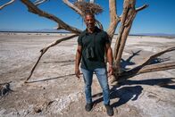 Vogelwild mit Christian Cooper – Christian Cooper steht vor einem toten Baum mit Nestern, in denen früher Blaureiher lebten. Der Salton Sea ist seit langem ein wichtiger Rastplatz für Zugvögel. (National Geographic/Jon Kroll)