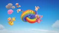 Wolkenkinder – Herr Regenbogen hat sich verknotet. Baba Gelb, Fluffi, Bobo und Baba Pink versuchen, ihm zu helfen.