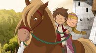 Der kleine Ritter Trenk – Trenk und Thekla reiten aus Burg Hohenlob.