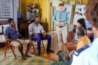 Death in Paradise – L-R:Junior (Richard Pepple), Carlton (Richard Blackwood), DI Jack Mooney (Ardal O'Hanlon), Faith ( Adelle Leonce), Bunny (Errol Trotman Harewood)