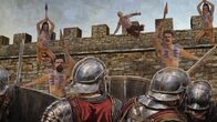 Schätze des Römischen Reichs – Ein computergeneriertes 2D-Bild zeigt kaledonische Stämme aus dem Norden, die den Hadrianswall durchbrechen. (Windfall Films)