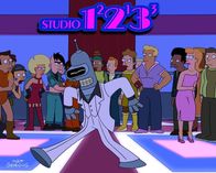 Futurama – Die "Plant Express"-Crew ist auf die Erde gestürzt. Bender (M.) legt in einer Diskothek eine heiße Sohle aufs Parkett und zeigt den Erdenbewohnern, was er drauf hat ...