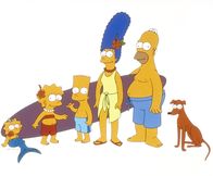 Die Simpsons – (11. Staffel) - Gemeinsam ist die Familie Simpson unschlagbar: Lisa (2.v.l.), Homer (2.v.r.), Bart (3.v.l.), Hund Knecht Ruprecht (r.) Marge (3.v.r.) und Maggie (l.).