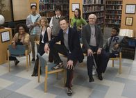 Community – L-R: Shirley Bennett (Yvette Nicole Brown), Abed Nadir (Danny Pudi), Britta Perry (Gillian Jacobs), Professor Ian Duncan (John Oliver), Jeff Winger (Joel McHale), Annie Edison (Alison Brie), Pierce Hawthorne (Chevy Chase), Troy Barnes (Donald Glover)