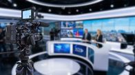 SR info – Fernsehnachrichten, Studio-Hintergrund mit Videokamera und Kopienraum für Medienbanner