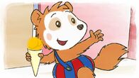 Bobo Siebenschläfer – Mit einem Eis in der Hand verabschiedet sich Bobo aus der Eisdiele.
