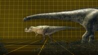 Jurassic C.S.I. – CGI: On a scientific grid background, a comparison of a Daxiatitan size to a T. rex.
