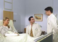 In aller Freundschaft – Zwei Platzhirsche: Dr. Philipp Brentano (Thomas Koch) und Vladi (Stephen Dürr) tragen vor der Patientin (Katrin Weißer) ihre Kompetenzstreitigkeiten aus.