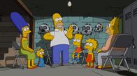 Die Simpsons – Ahnen nicht, dass sie schon bald aus Springfield verstoßen werden sollen: Homer (3.v.l.), Marge (l.), Bart (3.v.r.), Lisa (2.v.r.), Maggie (2.v.l.) und Grandpa (r.) ...