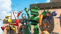 Robots – Die ganze Robotertruppe auf einen Blick: Piper Pinwheeler (li.), Fender Pinwheeler (2.v.li.), Rodney Copperbottom (Mi.), Lug (3.v.re.), Crank Casey (2.v.re.) und Diesel Springer (re.)