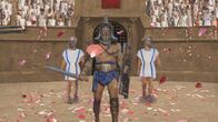 Schätze des Römischen Reichs – A 2D CGI shows Murmillo gladiator entering the arena. (Windfall Films)