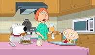 Family Guy – Stewie (r.) ekelt es vor der rotzenden und schniefenden Lois (M.) denn sie ist geplagt von schrecklichen Allergiesymptomen. Ist Brian (l.) der Auslöser?