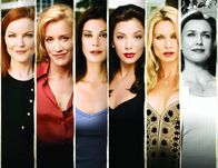 Desperate Housewives – L-R: Bree Van De Kamp (Marcia Cross), Lynette Scavo (Felicity Huffman), Susan Mayer (Teri Hatcher), Gabrielle Solis (Eva Longoria), Edie Britt (Nicollette Sheridan), Mary Alice Young (Brenda Strong)