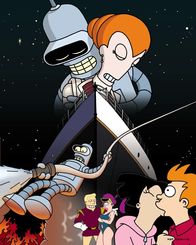 Futurama – v.r.) erzählt ihren Eltern, dass sie mit Fry liiert ist! Bender (oben l.) wiederum verliebt sich in einen reichen, weiblichen Roboter (oben r.).