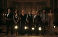 Ready or Not – (L to R) Kristian Bruun, Melanie Scrofano, Andie MacDowell, Henry Czerny, Nicky Guadagni, Adam Brody, and Elyse Levesque in the film READY OR NOT. Photo by Eric Zachanowich.