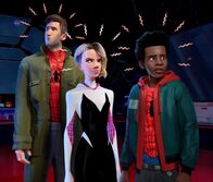 Spider-Man: A New Universe – Peter Parker (Jake Johnson), Gwen Stacy (Hailee Steinfeld) and Miles Morales (Shameik Moore) in Sony Pictures Animation's SPIDER-MAN: INTO THE SPIDER-VERSE.