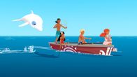 Zoom - Der weiße Delfin – Auru (v.l.), Timeti, Yann, Marina und Koala Raoul sind zusammen mit Zoom auf dem Meer unterwegs, um Fische zu fangen. Sie wollen das Wettfischen gegen die Nachbarinsel gewinnen.