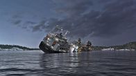 In Seenot – Die Rocknes läuft auf einen Felsen auf, der ein Loch in den Rumpf des Schiffes reißt. Dieser läuft voll Wasser und bringt das Schiff zum Umkippen.