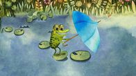 Rudis Rabenteuer – Der Frosch freut sich. Der Wind hat ihm einen kleinen blauen Schirm zugeweht. Er hält ihn für einen Windfänger zum Surfen.