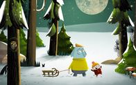 Unser Sandmännchen – Die beiden Musifanten Opa Günter und Enkelkind Charlie gehen mit dem Schlitten durch den tief verschneiten Wald und treffen verschiedene Tiere.