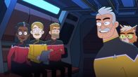 Star Trek: Lower Decks – L-R: Captain Carol Freeman, Lt. Commander Andarithio Billups, Commander Jack Ransom, Lieutenant Shaxs und Dr. T'ana