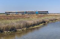 Mit dem Zug ... – Der Zug durchquert gleich hinter Vila Real de Santo António eine Marschlandschaft. Bei Flut staut sich das Meerwasser bis weit ins Hinterland hinein.