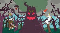 Super Happy Magic Forest – Der wirklich gruselige Baum im supergruseligen Spukwald findet es gar nicht lustig, dass die Helden - Hufius, Twinkle, Tupfen, Herbert und Blümchen (v.l.n.r.) - seine Äste mitnehmen wollen und droht ihnen mit ewiger Gefangenschaft.