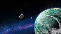 Strip the Cosmos - Im Innersten des Universums – Einige Wissenschaftler vertreten die Theorie, dass die frühe Erde von zwei Monden umkreist wurde. Als der kleinere der beiden Trabanten mit dem größeren kollidierte, soll der heutige Mond entstanden sein.
