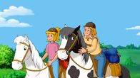Bibi und Tina – Bibi (l.) zeigt Freddy (r.) ein paar Tricks, wie er sicher auf Topsy reiten kann.