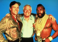Das A-Team – Dwight Schultz als "Howling Mad" Murdock, George Peppard als John "Hannibal" Smith und Mr.T. als Mr.T. (v.l.).