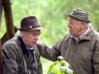 In aller Freundschaft – Fritz Kuttesch (Dieter Hallervorden, rechts) hat, trotz streng verordneter Bettruhe, die Klinik verlassen, um seinen Freund Robert Walk (Achim Wolff) zu suchen. Als er ihn im Wald findet, ist Robert völlig orientierungslos und weiß nicht wo er ist.
