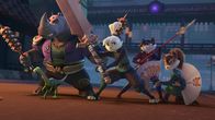 Samurai Rabbit: The Usagi Chronicles – Usagi (M.) kämpft mit seinem Team - dem durchtriebenen Kopfgeldjäger Gen, der Echse Spot, der hinterlistigen Ninja Chizu und der dreisten Taschendiebin Kitsune (v.l.n.r.) - in der Stadt mit Yokai-Monstern.