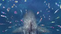 Meg – Plakatmotiv zum Film: Ein riesiger Hai schwimmt inmitten vieler Menschen im Meer.