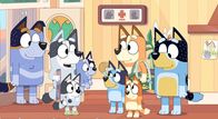 Bluey – L-R: Uncle Stripe, Aunt Trixie, Muffin, Socks, Bluey, Chilli, Bingo, Bandit