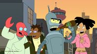 Futurama – L-R: Zoidberg, Hermes Conrad, Bender und Amy Wong