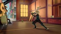 Samurai Rabbit: Die Usagi-Chroniken – Kitsune (links) und Spot (Mitte) schauen zu, wie sich Usagi (rechts) freut. Er hat das Schwert "Weidenrute" seines Vorfahren erlangt! Das braucht er um die Clavis vom Ki-Stein zu lösen.