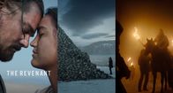 The Revenant - Der Rückkehrer – Das Grauen des Todes begleitet die Eroberung Nordamerikas durch europäische Einwanderer im 19. Jahrhundert. Links: Hugh Glass (Leonardo DiCaprio) in einem glücklichen Moment mit seiner Pawnee-Frau (Grace Dove) und vor den Resten eines Massakers (Mitte). Der Tod der Büffel entzieht den Ureinwohnern ihre Lebensgrundlage. Rechts: im Bild brandschatzende französische Jäger.