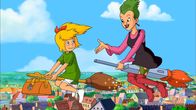 Bibi Blocksberg – Bibi (l.) und Schubia (r.) fliegen zu Burg Hexenstein. Dort wollen sie den passenden Zauberspruch suchen, um den magischen Koffer zu öffnen.