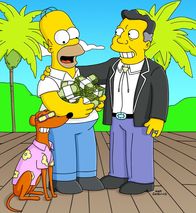 Die Simpsons – Homer Simpson (M.) winkt viel Geld und Ruhm, denn Knecht Ruprecht (l.) wird von H.K. Duff VII (r.) als neues Maskottchen der Duff-Brauerei auserwählt ...